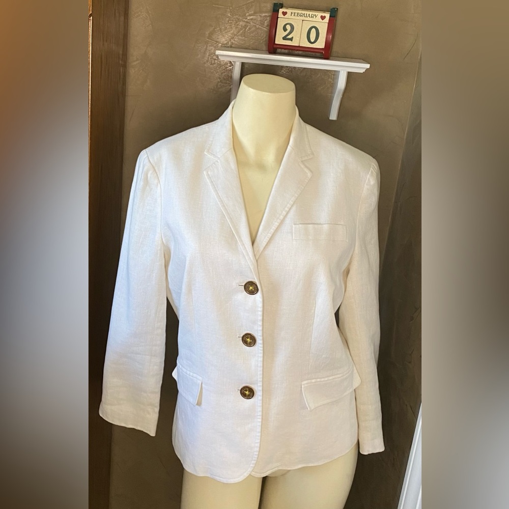 Chaps Blazer White Linen Collared Gold Tone Buttons Flap Pockets Lined Size M